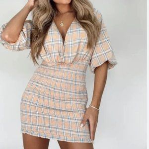 Peach Plaid Smocked Mini Dress with V-Neck